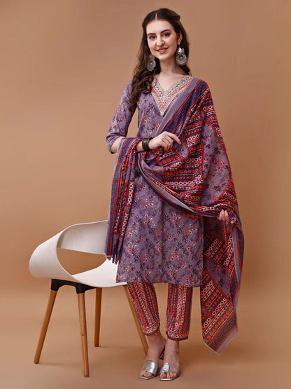 Women's Purple Embroidered & Floral Printed Cotton Kurta Pant With Dupatta