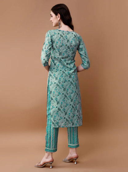 Women's Blue Embroidered & Floral Printed Cotton Kurta Pant With Dupatta