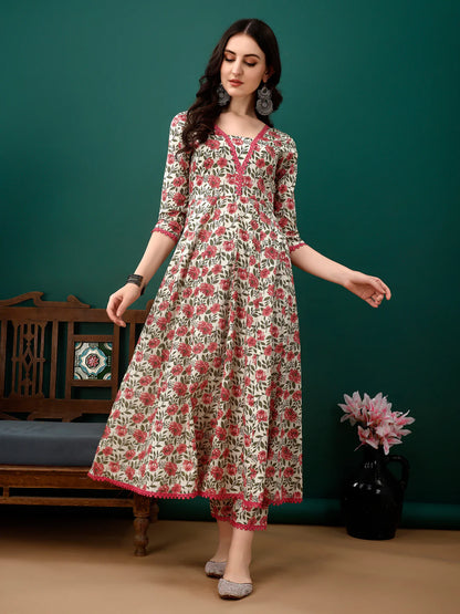 Women's Pink Floral Printed Anarkali Cotton Kurta Pant With Dupatta