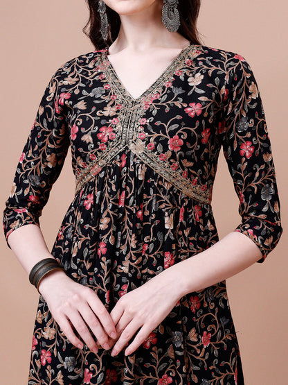 Women's Black Alia Cut Floral Printed & Embroidered Cotton Kurta Pant With Dupatta