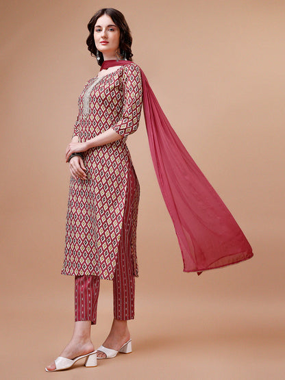 Women's Pink Ethnic Motifs Printed Cotton Kurta Pant With Dupatta