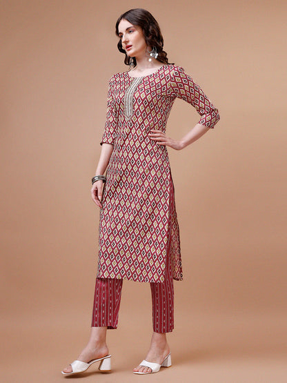 Women's Pink Ethnic Motifs Printed Cotton Kurta Pant With Dupatta