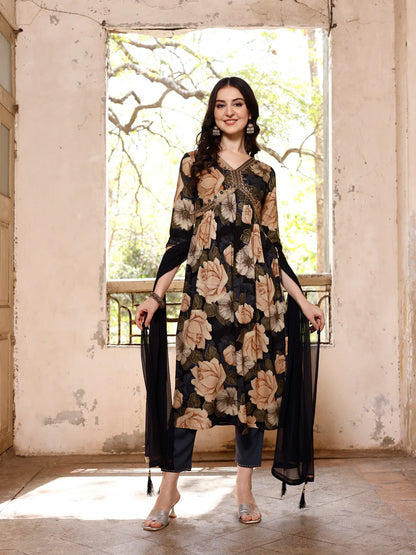Women's Grey Multicolour Alia Cut Printed & Embroidered Cotton Kurta Pant With Dupatta