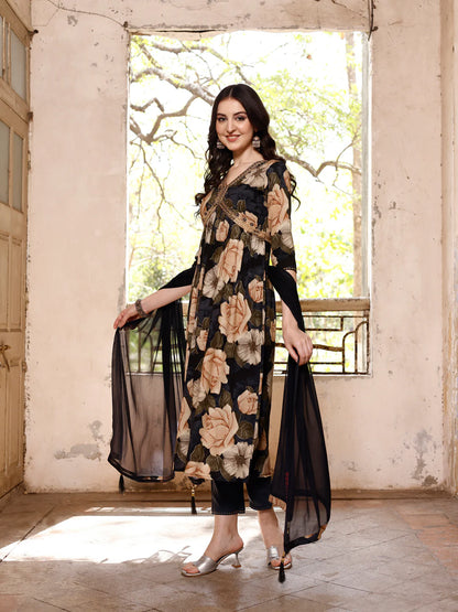 Women's Grey Multicolour Alia Cut Printed & Embroidered Cotton Kurta Pant With Dupatta