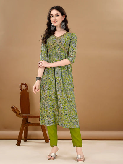 Women's Green Alia Cut Printed & Embroidered Cotton Kurta Pant With Dupatta