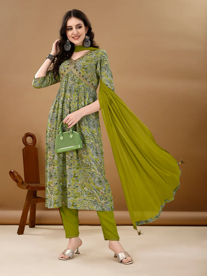 Women's Green Alia Cut Printed & Embroidered Cotton Kurta Pant With Dupatta
