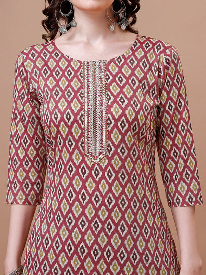 Women's Pink Ethnic Motifs Printed Cotton Kurta Pant With Dupatta