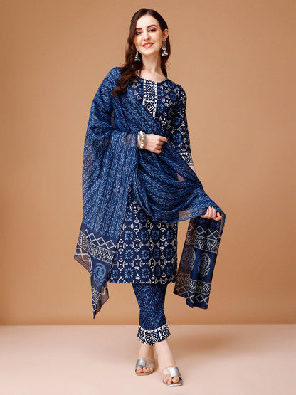Women's Striking Blue Ikat Printed Kurta Pant With Dupatta