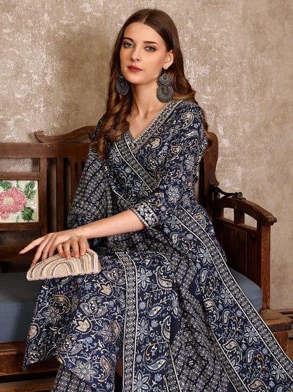 Women's Teal Blue Embroidered And Printed Cotton Kurta Pant With Dupatta