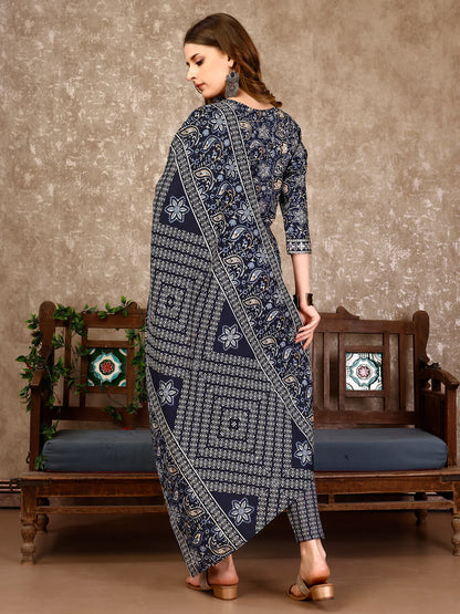 Women's Teal Blue Embroidered And Printed Cotton Kurta Pant With Dupatta