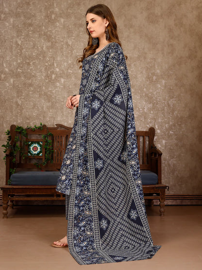 Women's Teal Blue Embroidered And Printed Cotton Kurta Pant With Dupatta