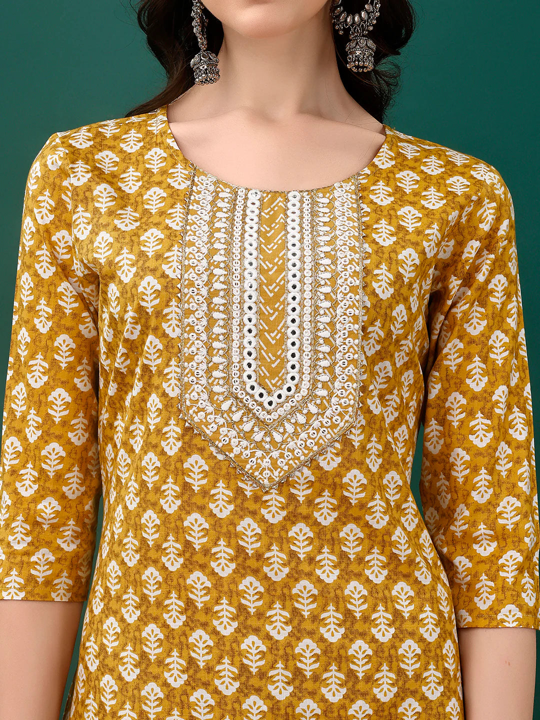 Women's Mustard Yellow Embroidered And Printed Cotton Kurta Pant With Dupatta