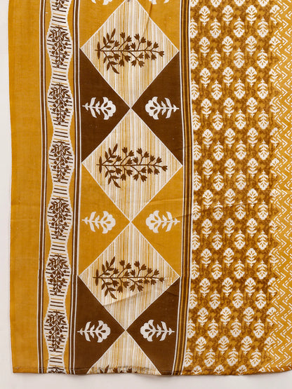 Women's Mustard Yellow Embroidered And Printed Cotton Kurta Pant With Dupatta