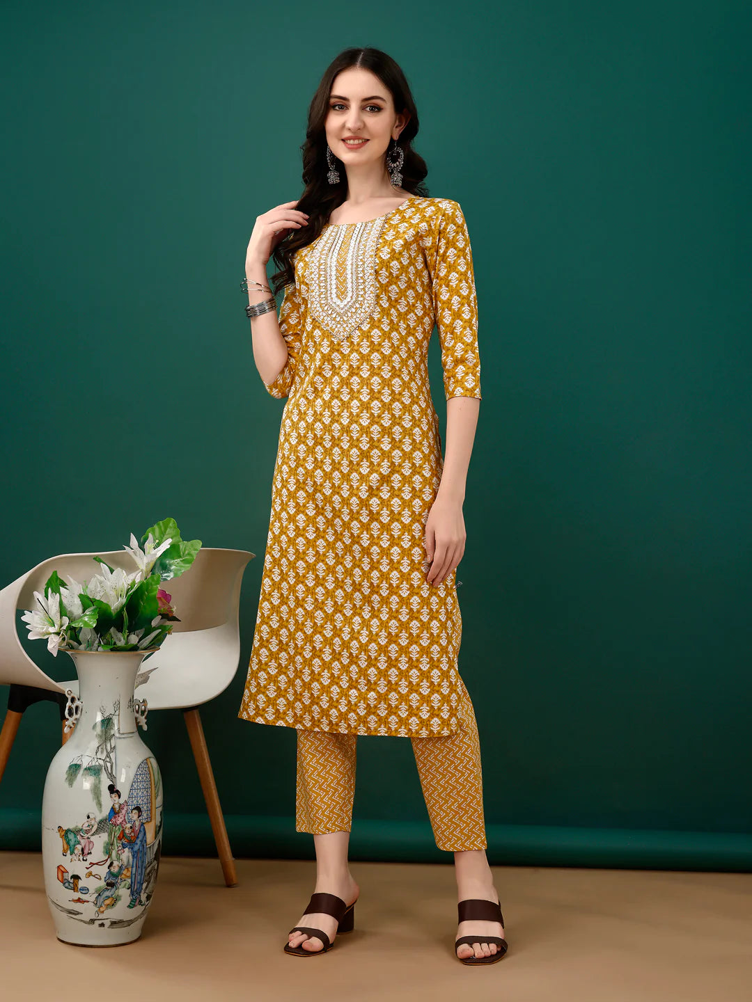 Women's Mustard Yellow Embroidered And Printed Cotton Kurta Pant With Dupatta
