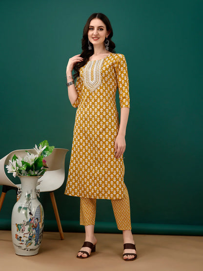 Women's Mustard Yellow Embroidered And Printed Cotton Kurta Pant With Dupatta