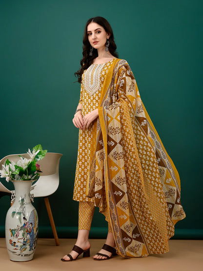 Women's Mustard Yellow Embroidered And Printed Cotton Kurta Pant With Dupatta