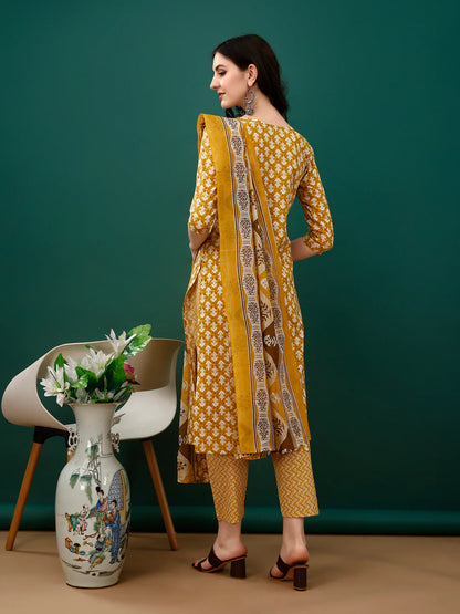 Women's Mustard Yellow Embroidered And Printed Cotton Kurta Pant With Dupatta