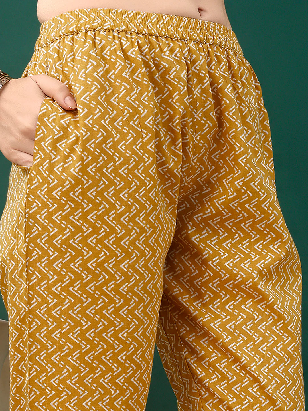 Women's Mustard Yellow Embroidered And Printed Cotton Kurta Pant With Dupatta
