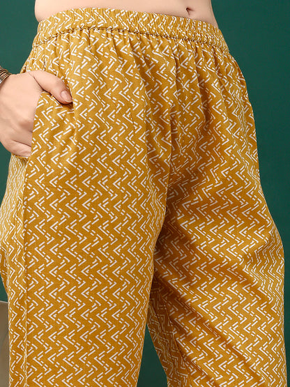 Women's Mustard Yellow Embroidered And Printed Cotton Kurta Pant With Dupatta