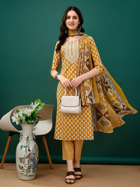 Women's Mustard Yellow Embroidered And Printed Cotton Kurta Pant With Dupatta