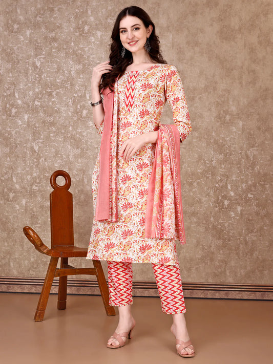 Women's Pink Floral Printed Cotton Kurta Pant With Dupatta