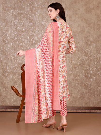 Women's Pink Floral Printed Cotton Kurta Pant With Dupatta