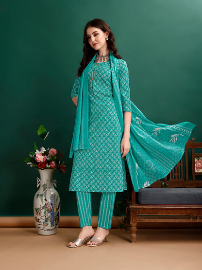 Ethnic Motifs Printed Sky Blue Cotton Kurta Pant With Dupatta