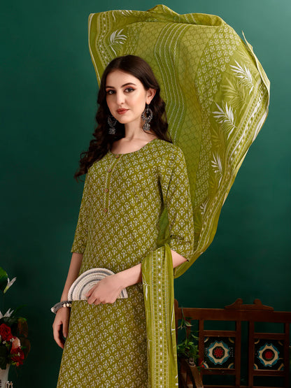 Ethnic Motifs Printed Green Cotton Kurta Pant With Dupatta