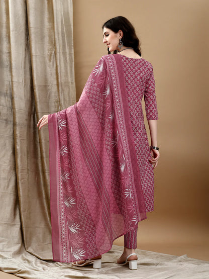 Ethnic Motifs Printed Pink Cotton Kurta Pant With Dupatta