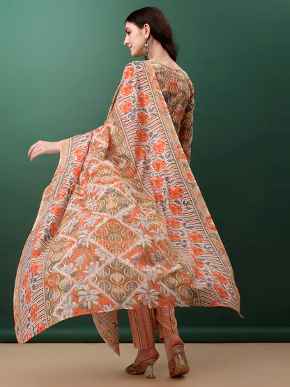 Charming Orange Floral Printed Premium Cotton Kurta Pant With Dupatta