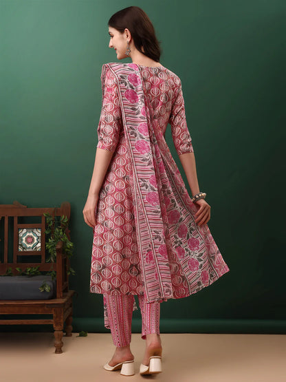 Pinky Pink Floral Printed Cotton Kurta Pant With Dupatta