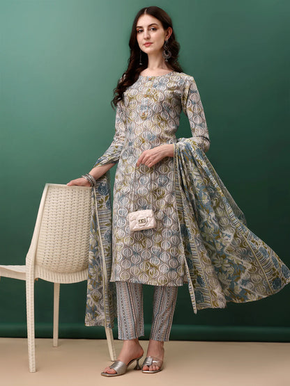Floral Printed Blue Cotton Kurta Pant With Dupatta