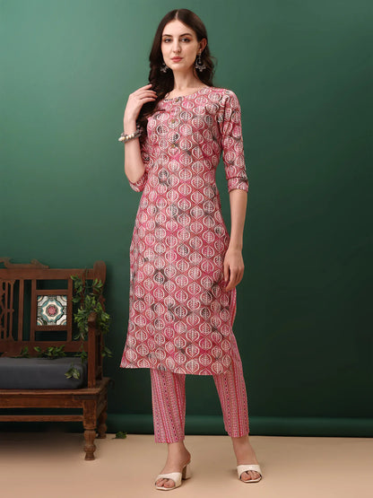 Pinky Pink Floral Printed Cotton Kurta Pant With Dupatta