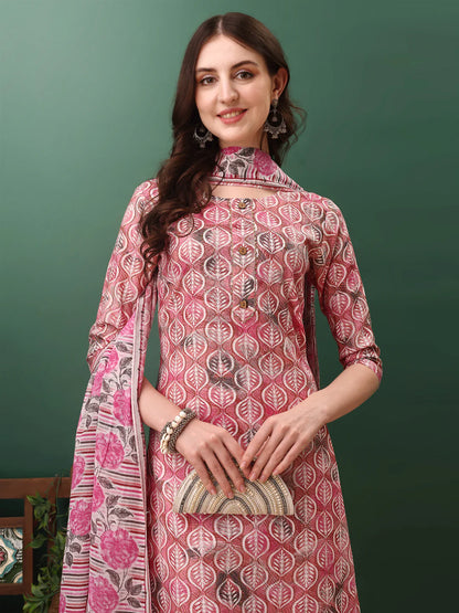 Pinky Pink Floral Printed Cotton Kurta Pant With Dupatta