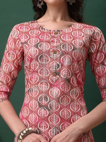 Pinky Pink Floral Printed Cotton Kurta Pant With Dupatta