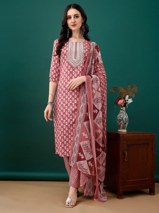Women's Pink Embroidered And Printed Cotton Kurta Pant With Dupatta