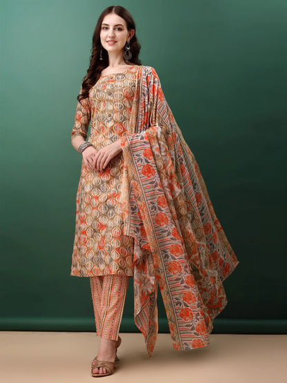 Charming Orange Floral Printed Premium Cotton Kurta Pant With Dupatta