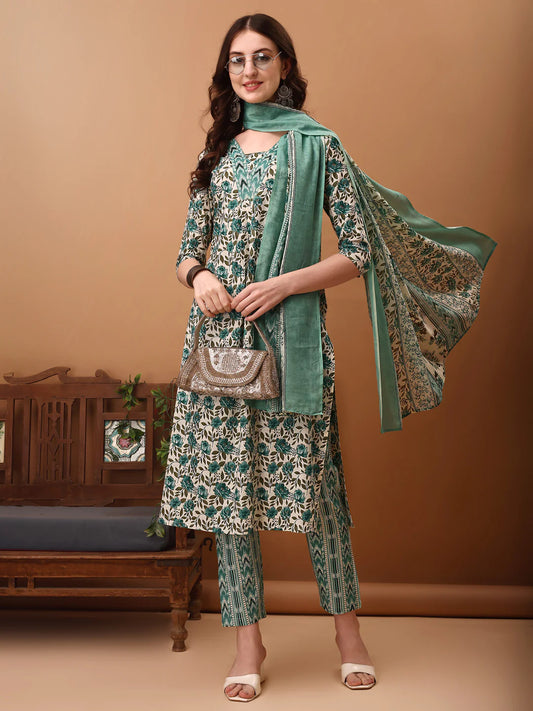 Sky Blue Floral Printed Cotton Kurta Pant With Dupatta