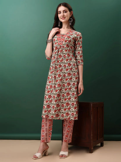 Fresh Pink Floral Printed Cotton Kurta Pant With Dupatta