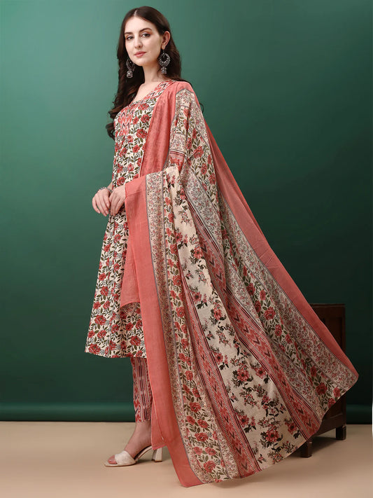 Fresh Pink Floral Printed Cotton Kurta Pant With Dupatta