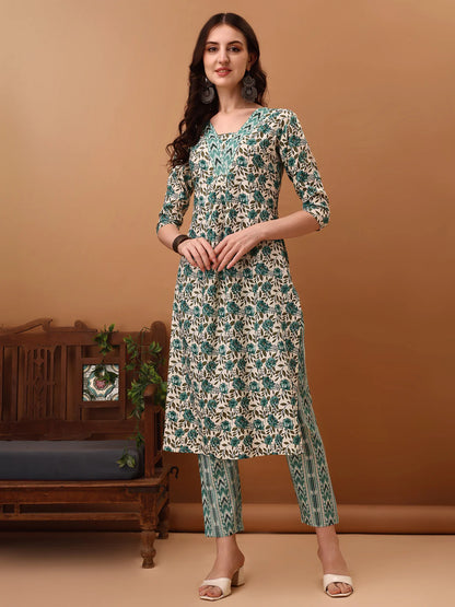 Sky Blue Floral Printed Cotton Kurta Pant With Dupatta
