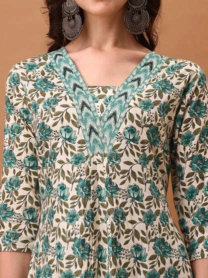 Sky Blue Floral Printed Cotton Kurta Pant With Dupatta