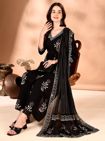 Black Embroidered And Ethnic Motifs Printed Flared Kurta Pant With Dupatta