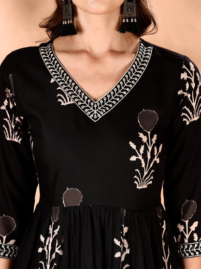 Black Embroidered And Ethnic Motifs Printed Flared Kurta Pant With Dupatta