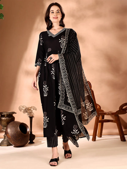 Black Embroidered And Ethnic Motifs Printed Flared Kurta Pant With Dupatta