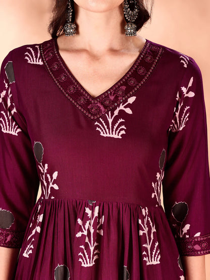 Wine Embroidered And Ethnic Motifs Printed Flared Kurta Pant With Dupatta