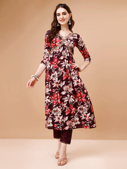 Women's WIne Alia Cut Printed & Embroidered Cotton Kurta Pant With Dupatta