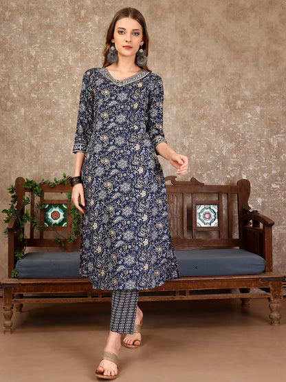 Women's Teal Blue Embroidered And Printed Cotton Kurta Pant With Dupatta