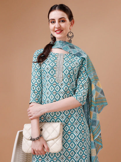 Geometric Pattern Printed & Lace Yoke Embroidered Blue Cotton Kurta Pant With Dupatta
