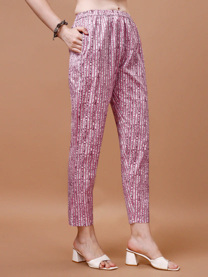 Geometric Pattern Printed & Lace Yoke Embroidered Pink Cotton Kurta Pant With Dupatta
